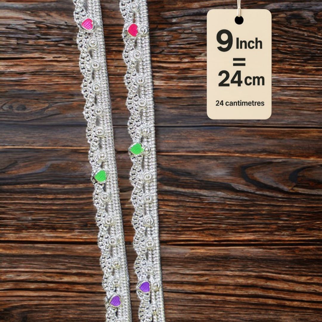 German Silver -Silver Plated Traditional Anklet with NON-Adjustable Size, Contemporary Style, Silver PLATED, 2-Piece Set-9 Inch Coloured Heart Details, Set of 2