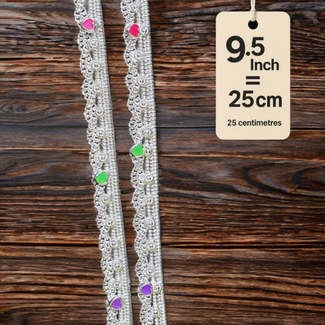 German Silver -Silver Plated Traditional Anklet with NON-Adjustable Size, Contemporary Style, Silver PLATED, 2-Piece Set-9.5 Inch Coloured Heart Details, Set of 2