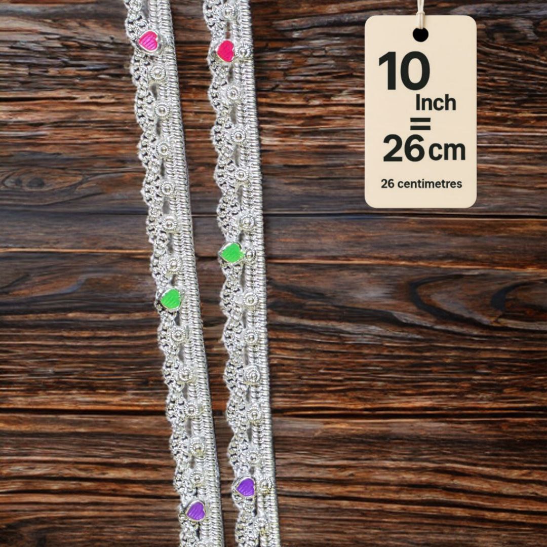 German Silver -Silver Plated Traditional Anklet with NON-Adjustable Size, Contemporary Style, Silver PLATED, 2-Piece Set-10 Inch Coloured Heart Details, Set of 2