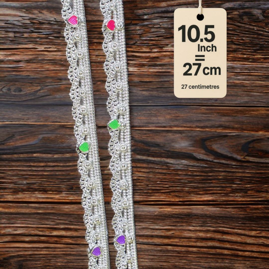 German Silver -Silver Plated Traditional Anklet with NON-Adjustable Size, Contemporary Style, Silver PLATED, 2-Piece Set-10.5 Inch Coloured Heart Details, Set of 2