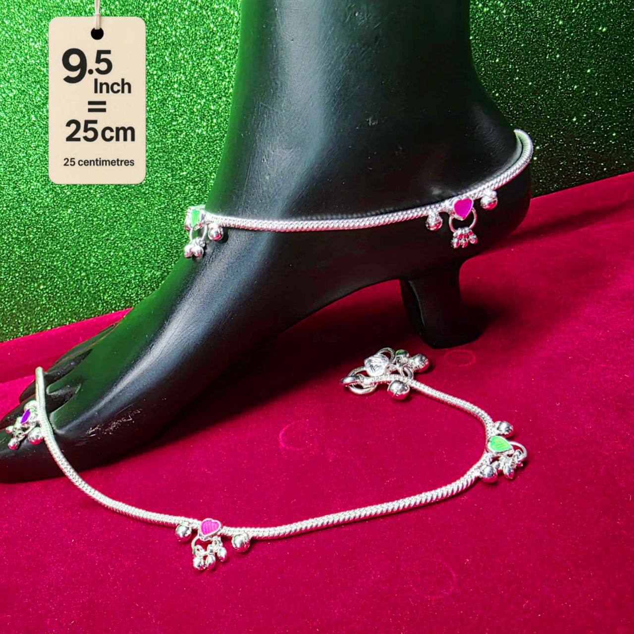 Traditional German Silver Anklet Set, With rasagulla Heart Design with Ball Chain, LIGHT WIGHT Pack of 2-9.5 Inch
