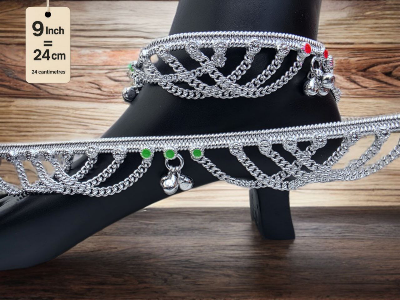German Silver anklets with small dangling bells and colored stone accents (red & green).Silver plated 2-Piece Set-9 Inch