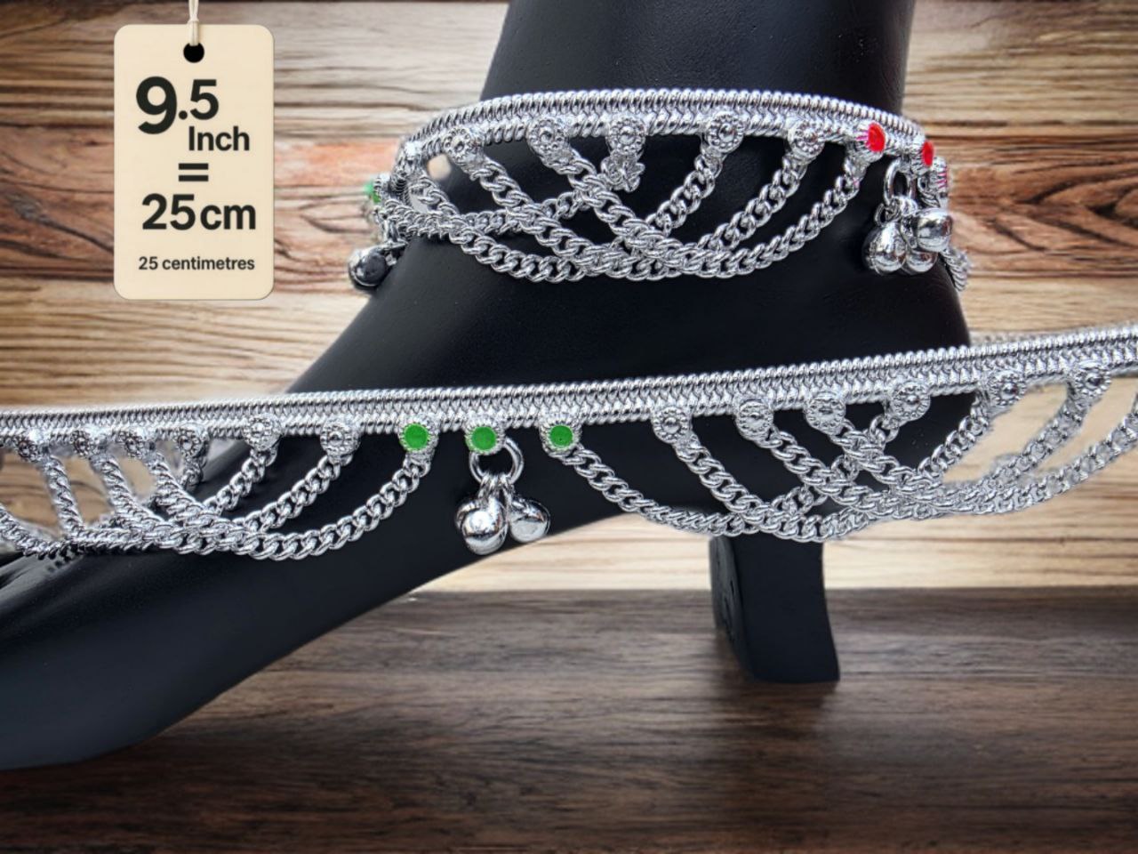 German Silver anklets with small dangling bells and colored stone accents (red & green).Silver plated 2-Piece Set-9.5 Inch