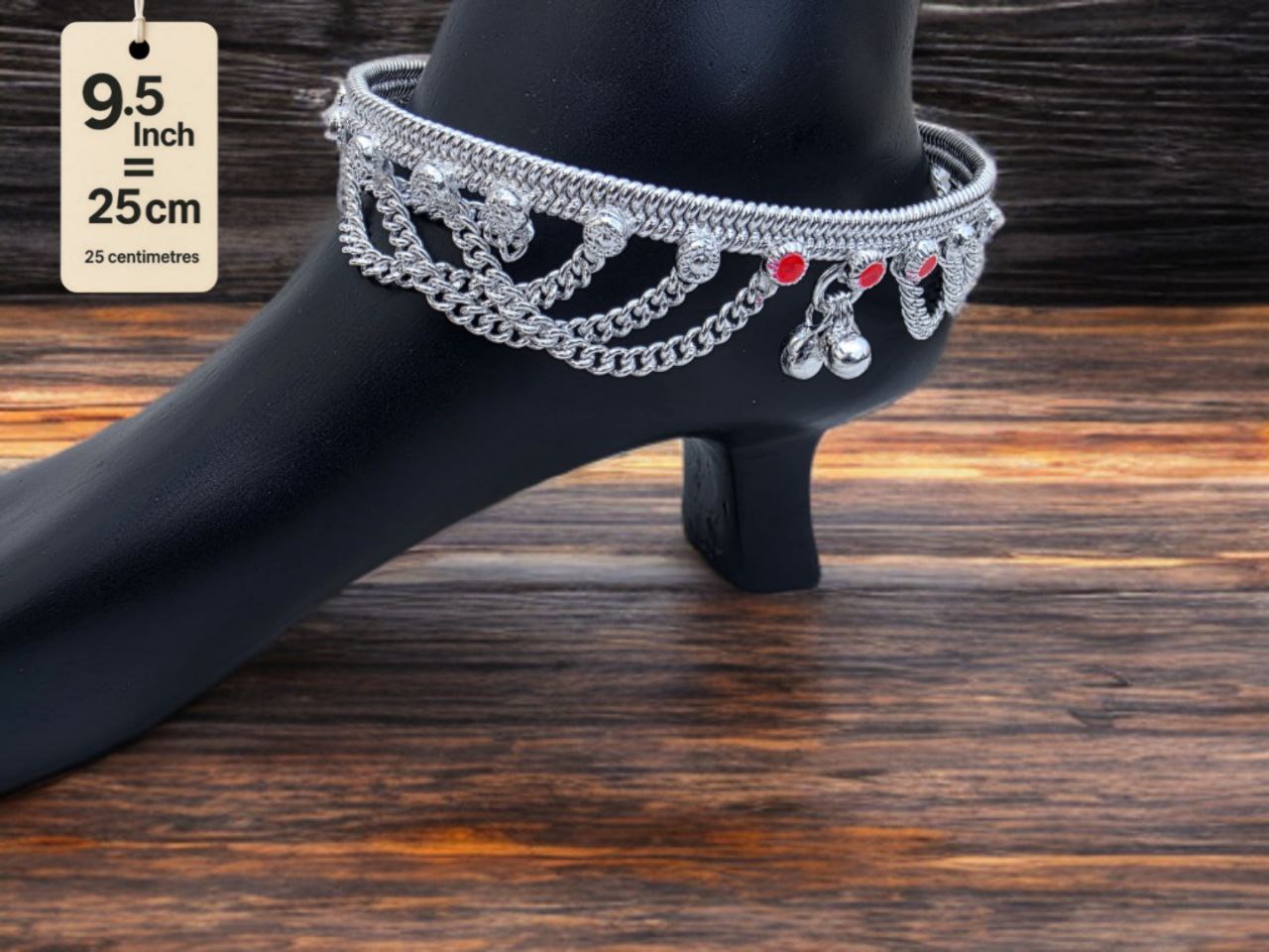 German Silver anklets with small dangling bells and colored stone accents (red & green).Silver plated 2-Piece Set-9.5 Inch