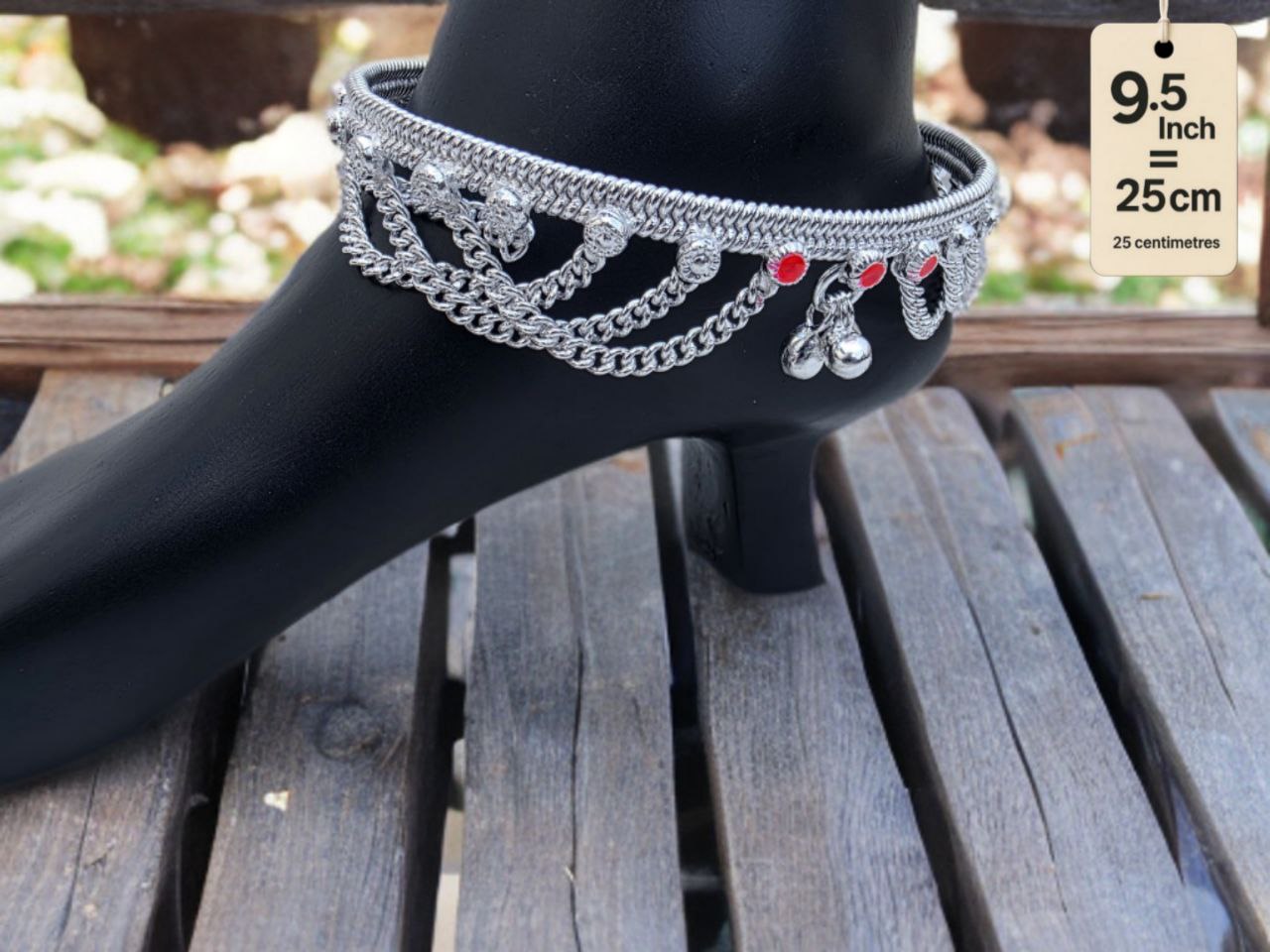 German Silver anklets with small dangling bells and colored stone accents (red & green).Silver plated 2-Piece Set-9.5 Inch