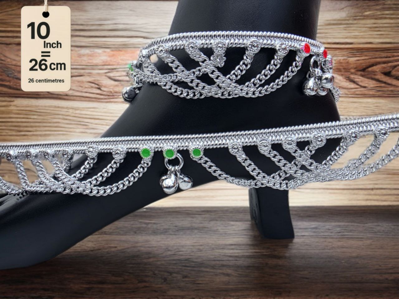 German Silver anklets with small dangling bells and colored stone accents (red & green).Silver plated 2-Piece Set-10 Inch