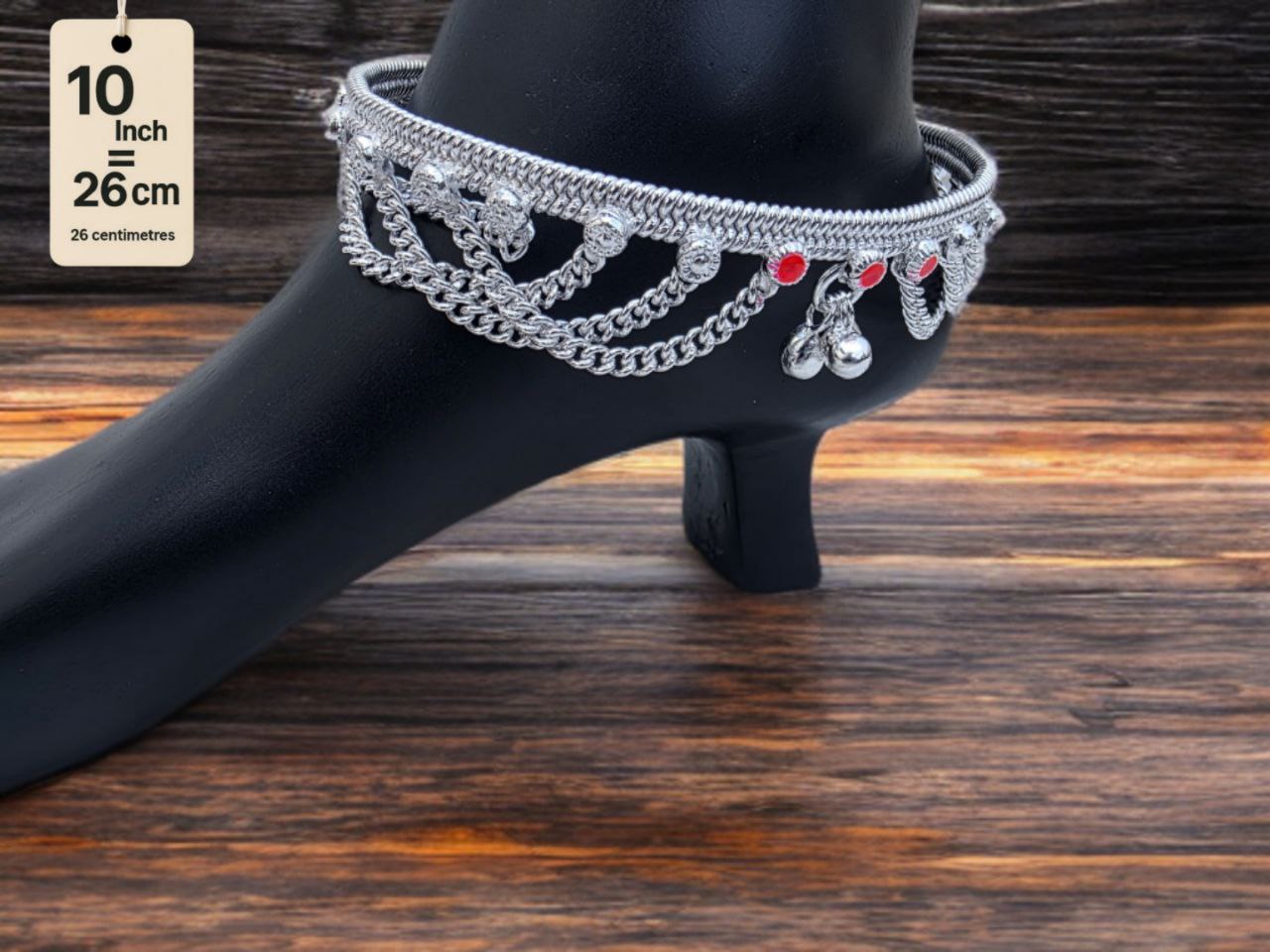 German Silver anklets with small dangling bells and colored stone accents (red & green).Silver plated 2-Piece Set-10 Inch