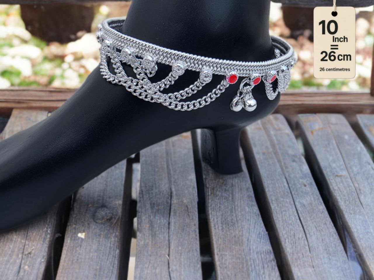 German Silver anklets with small dangling bells and colored stone accents (red & green).Silver plated 2-Piece Set-10 Inch
