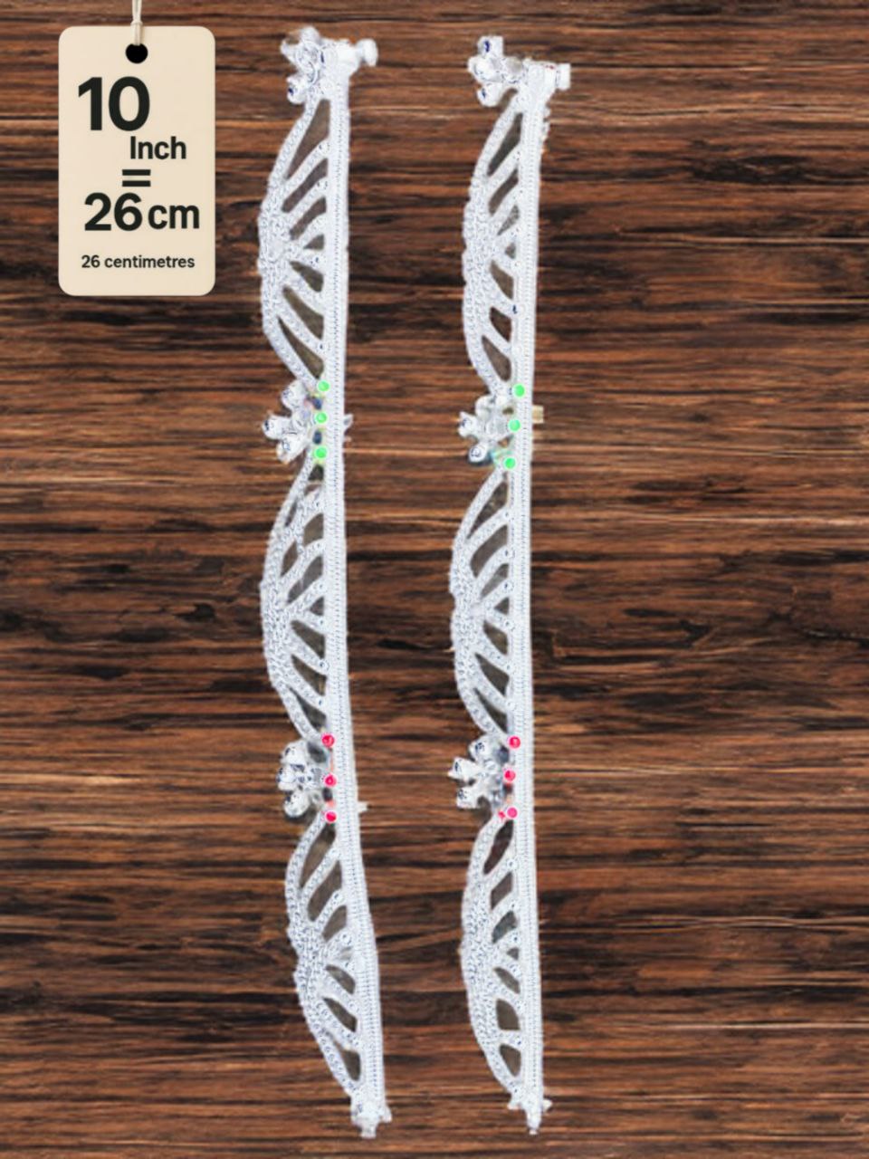 German Silver anklets with small dangling bells and colored stone accents (red & green).Silver plated 2-Piece Set-10 Inch