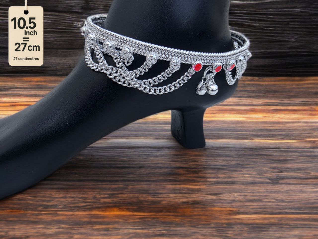 German Silver anklets with small dangling bells and colored stone accents (red & green).Silver plated 2-Piece Set-10.5Inch