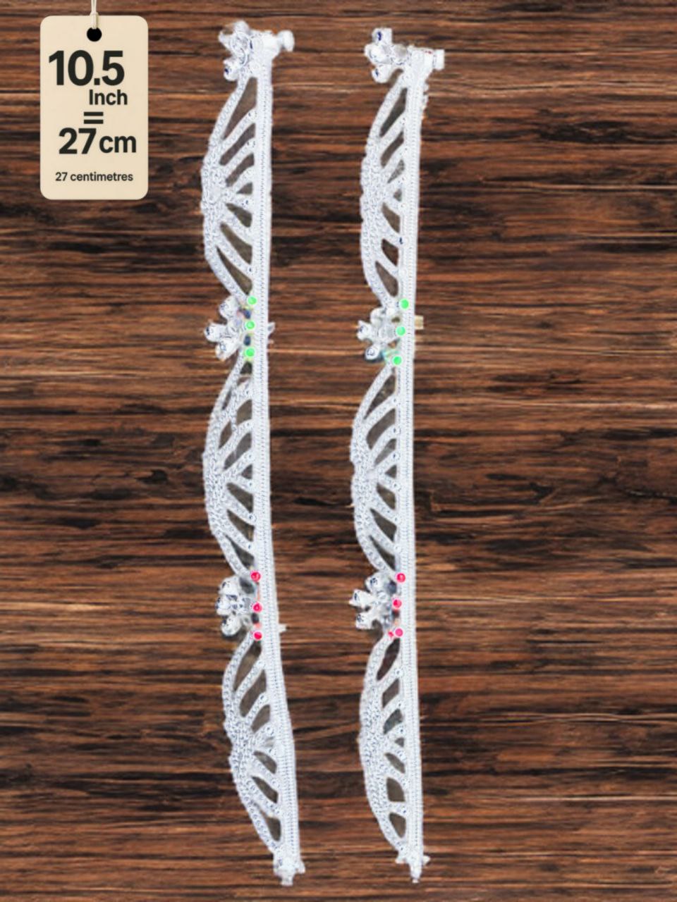 German Silver anklets with small dangling bells and colored stone accents (red & green).Silver plated 2-Piece Set-10.5Inch