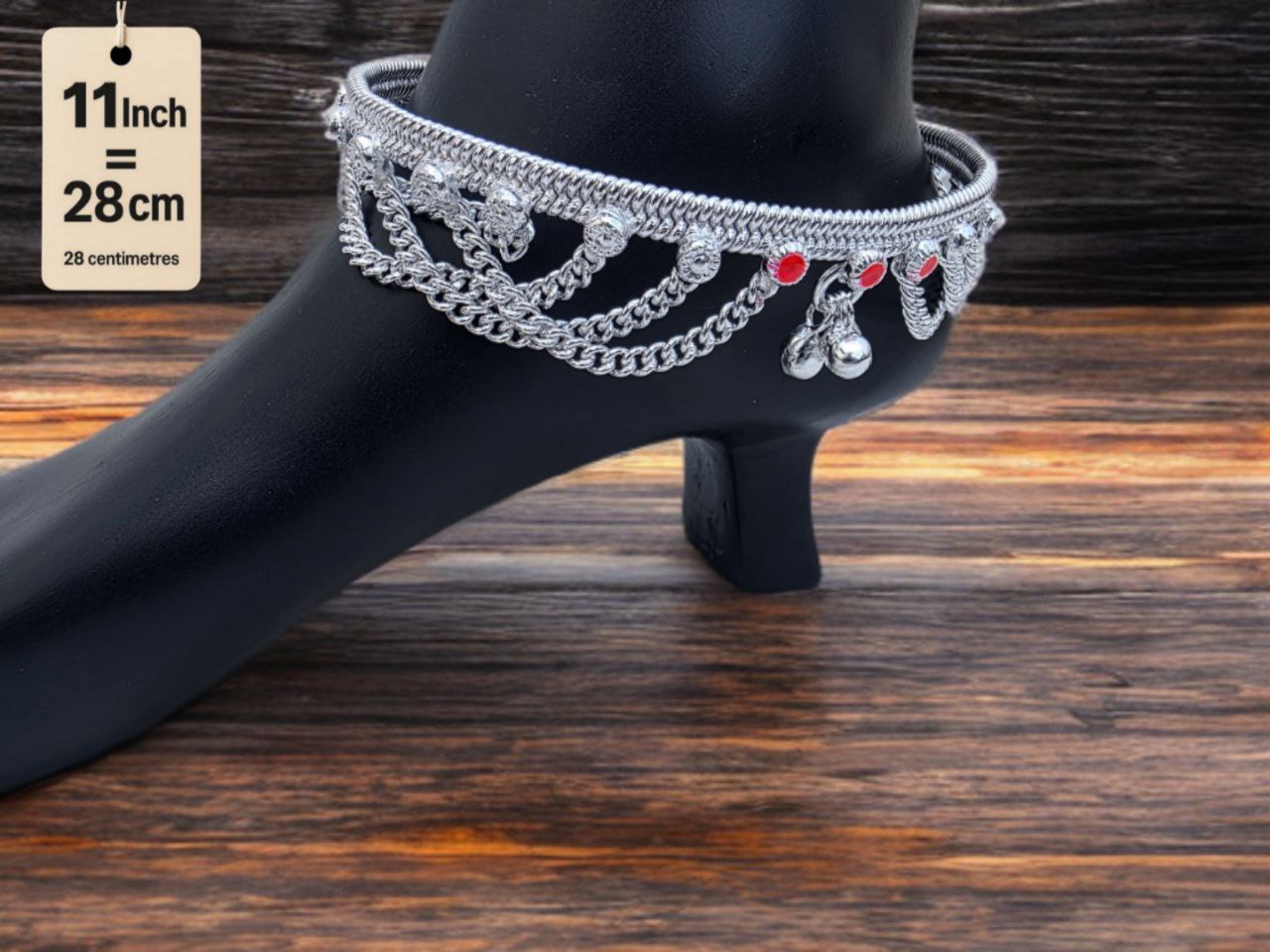German Silver anklets with small dangling bells and colored stone accents (red & green).Silver plated 2-Piece Set-11 Inch
