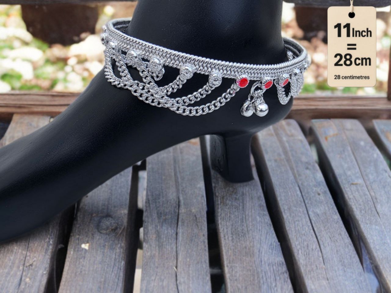 German Silver anklets with small dangling bells and colored stone accents (red & green).Silver plated 2-Piece Set-11 Inch