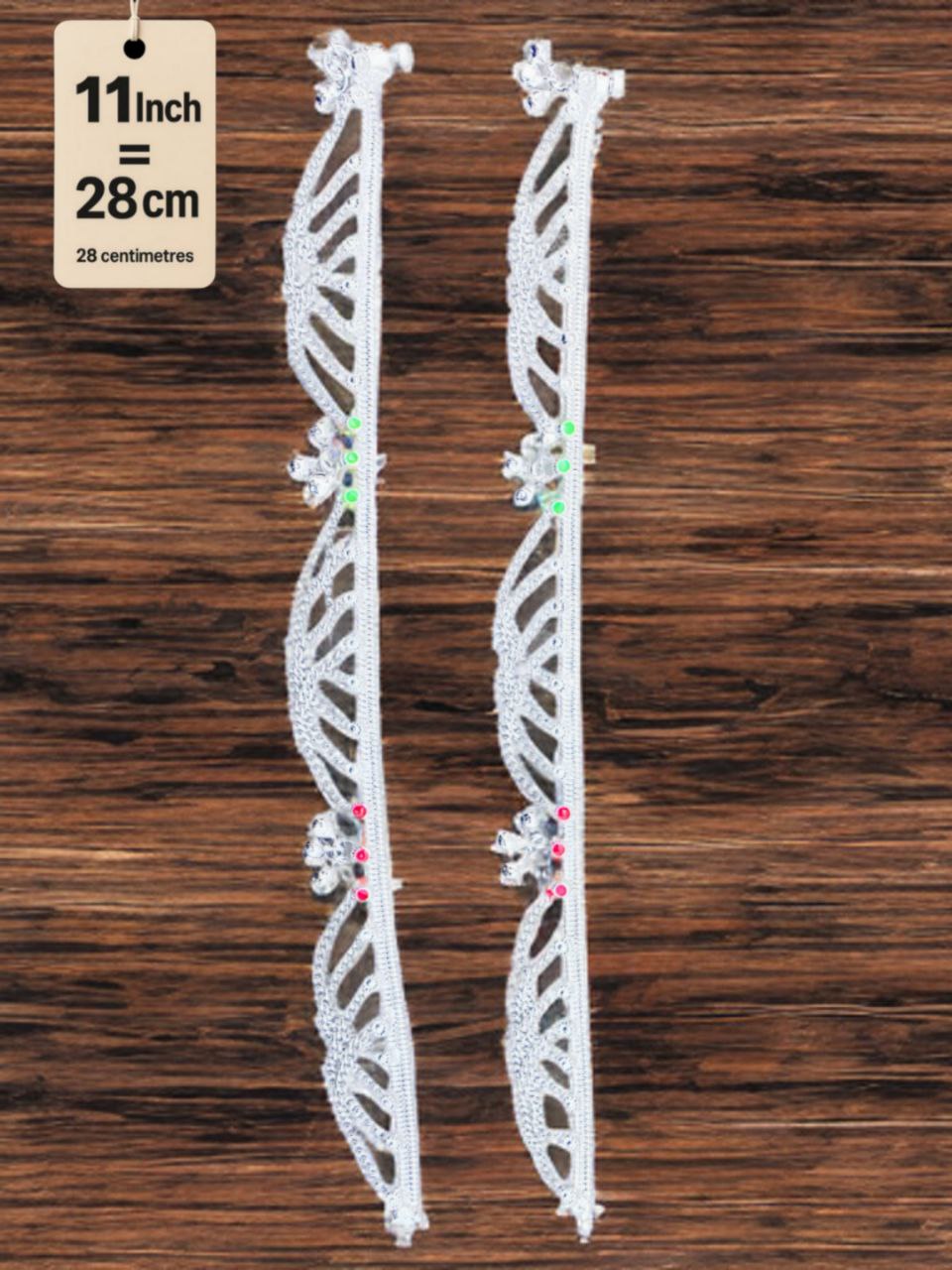 German Silver anklets with small dangling bells and colored stone accents (red & green).Silver plated 2-Piece Set-11 Inch