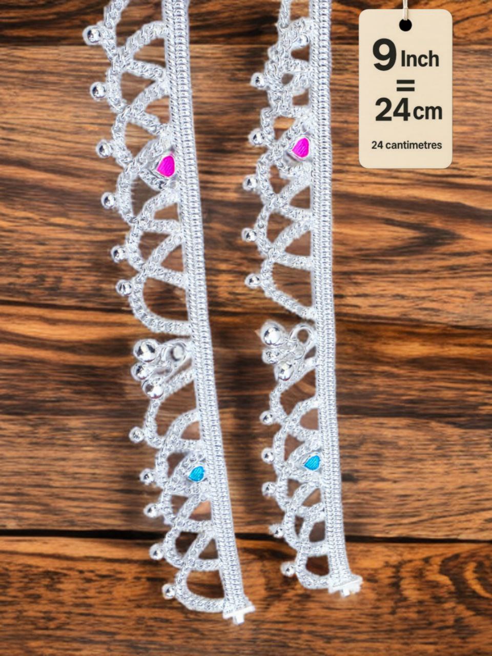 German Silver Anklet/Payal with Bells &colored stone Heart Design Silver plated 2-Piece Set-9 Inch