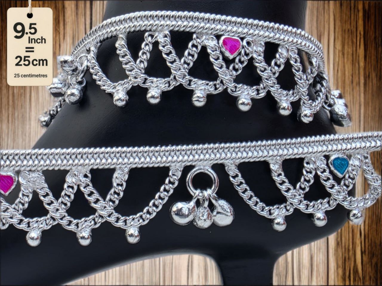 German Silver Anklet/Payal with Bells &colored stone Heart Design Silver plated 2-Piece Set-9.5 Inch