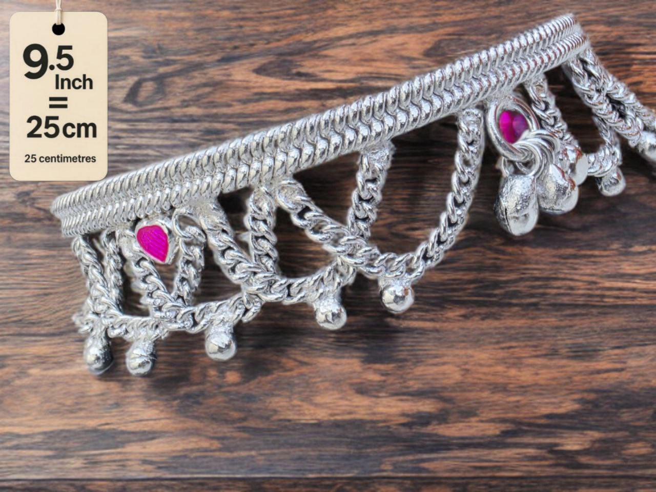 German Silver Anklet/Payal with Bells &colored stone Heart Design Silver plated 2-Piece Set-9.5 Inch