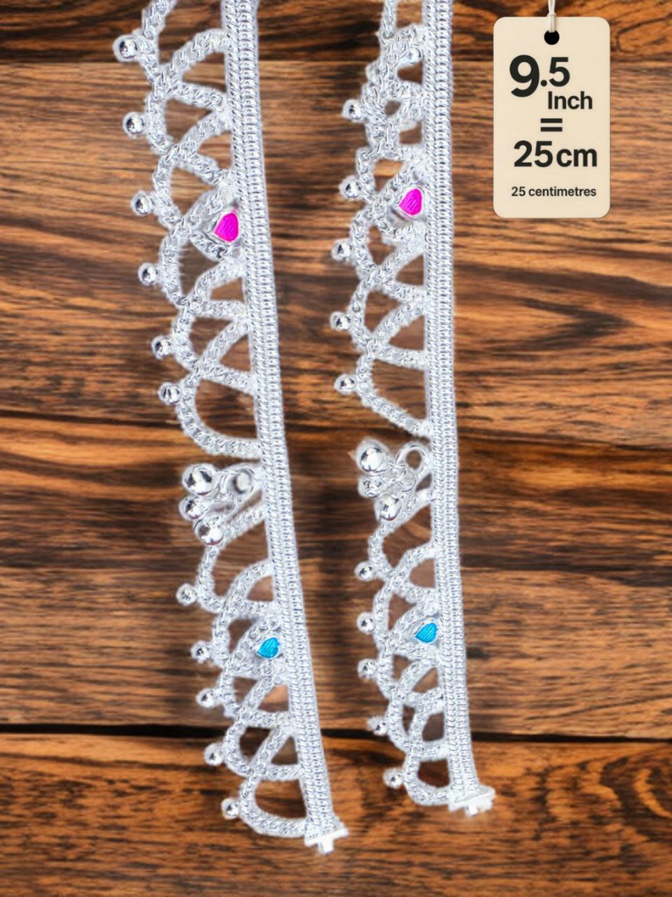 German Silver Anklet/Payal with Bells &colored stone Heart Design Silver plated 2-Piece Set-9.5 Inch