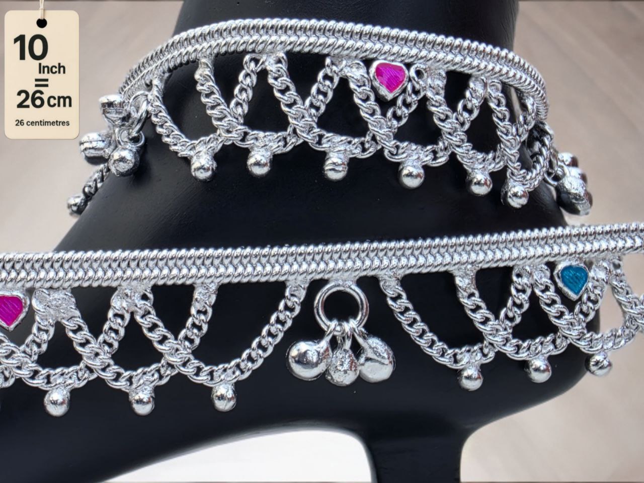 German Silver Anklet/Payal with Bells &colored stone Heart Design Silver plated 2-Piece Set- 10 Inch