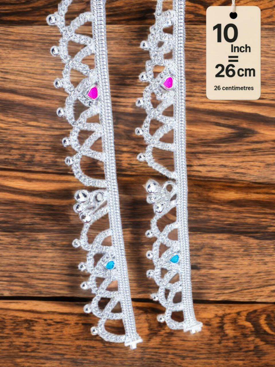 German Silver Anklet/Payal with Bells &colored stone Heart Design Silver plated 2-Piece Set- 10 Inch