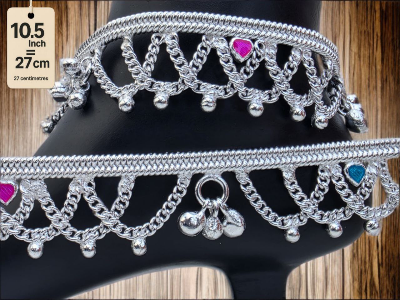 German Silver Anklet/Payal with Bells &colored stone Heart Design Silver plated 2-Piece Set- 10.5 Inch