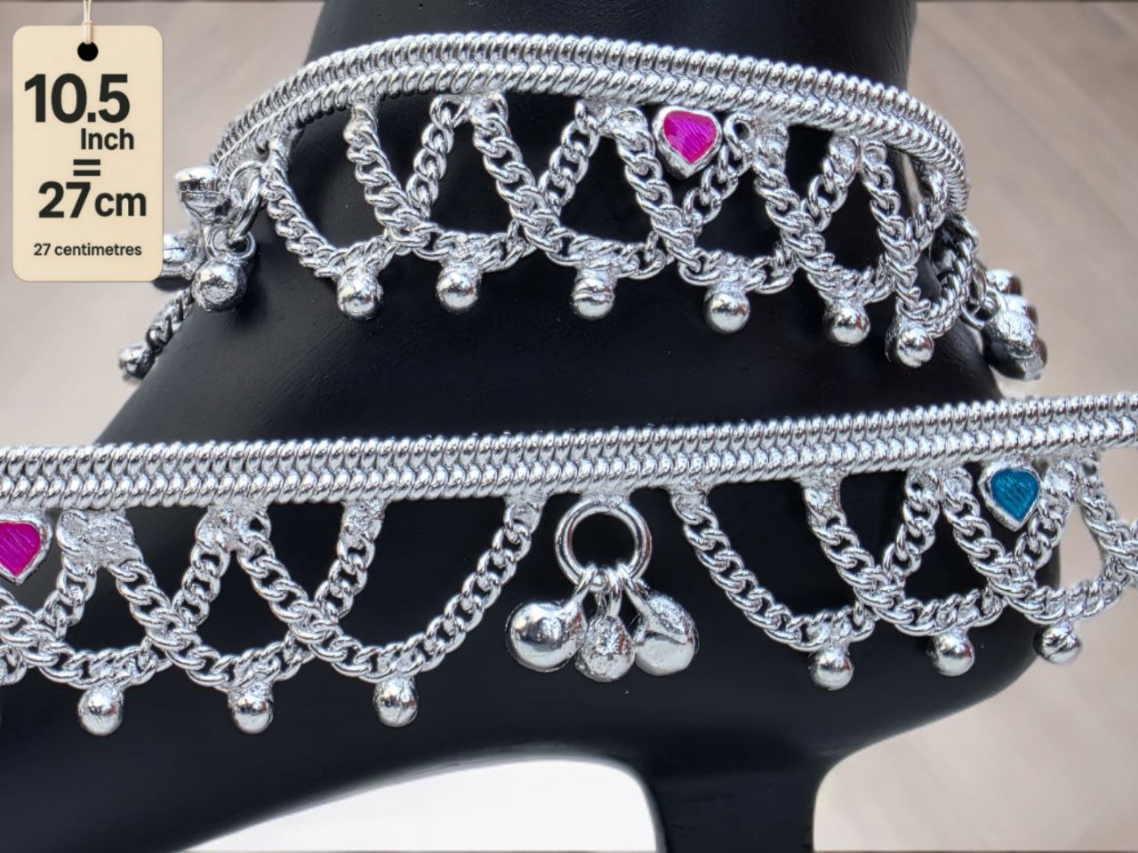 German Silver Anklet/Payal with Bells &colored stone Heart Design Silver plated 2-Piece Set- 10.5 Inch