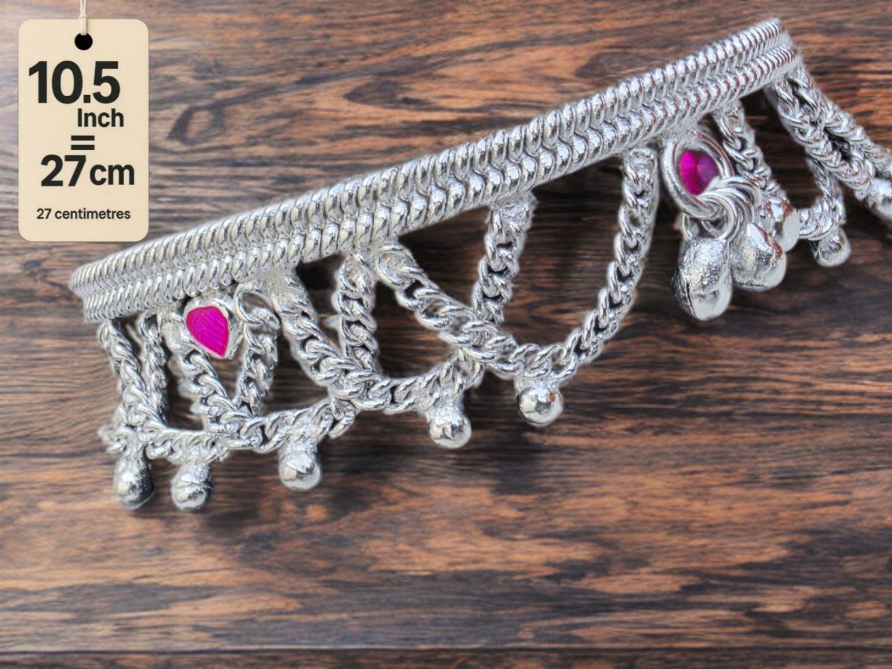 German Silver Anklet/Payal with Bells &colored stone Heart Design Silver plated 2-Piece Set- 10.5 Inch