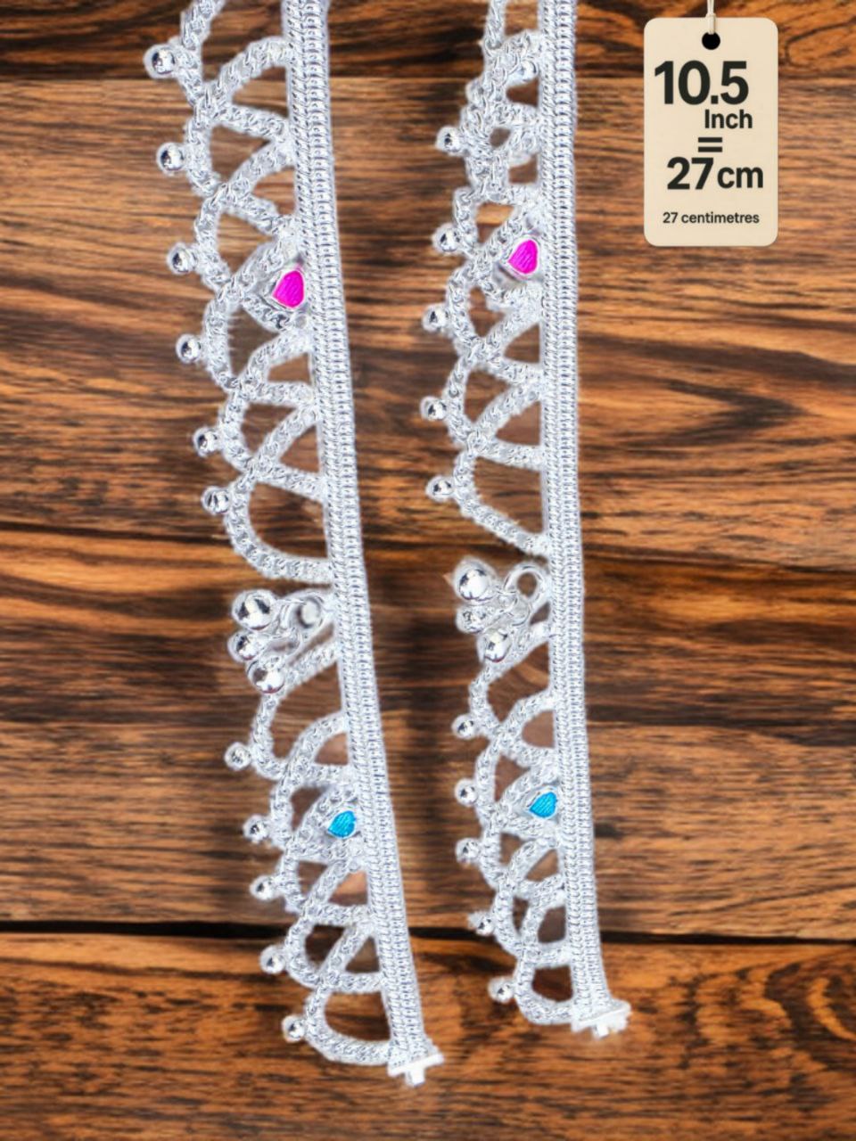 German Silver Anklet/Payal with Bells &colored stone Heart Design Silver plated 2-Piece Set- 10.5 Inch