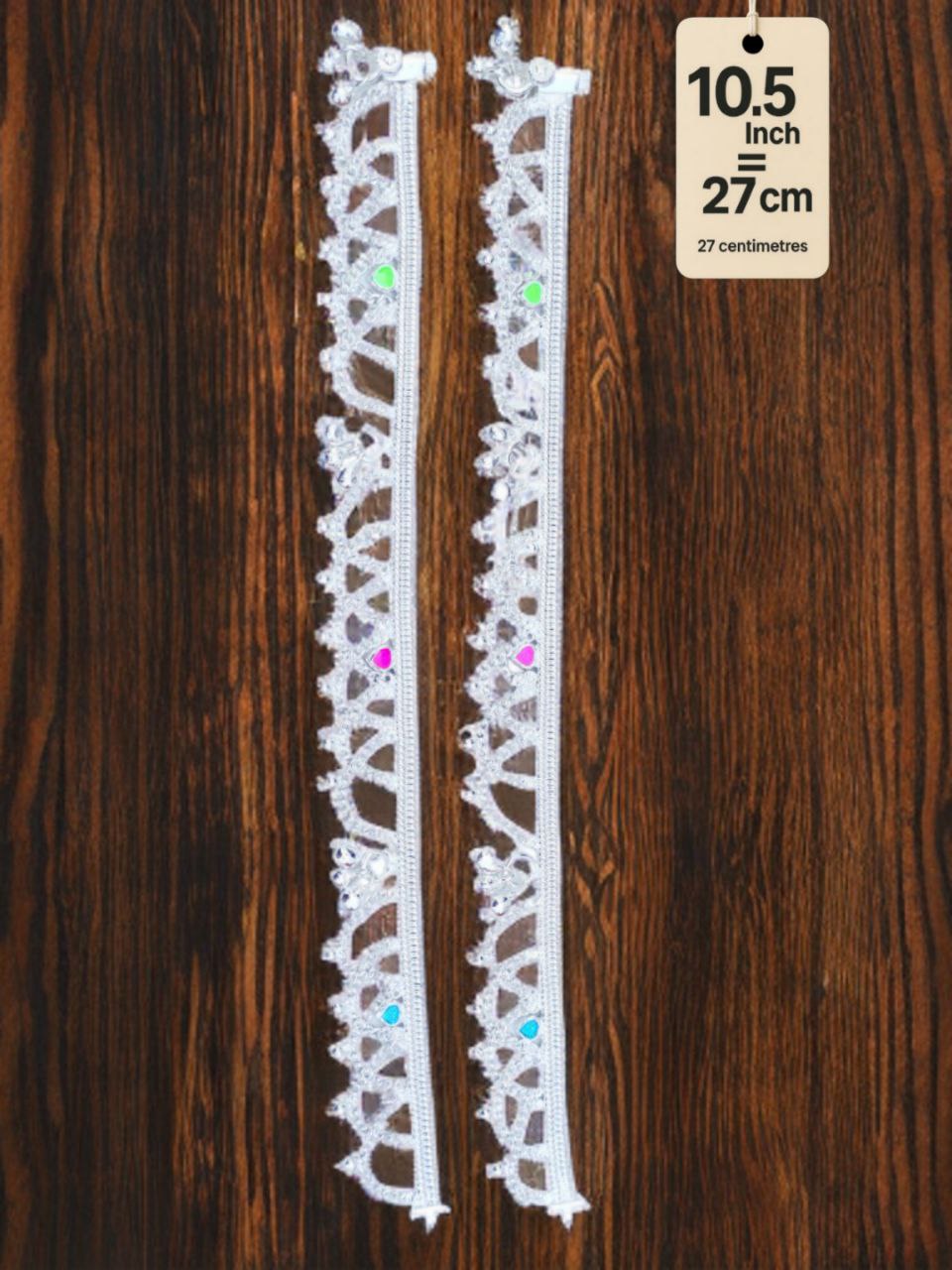 German Silver Anklet/Payal with Bells &colored stone Heart Design Silver plated 2-Piece Set- 10.5 Inch