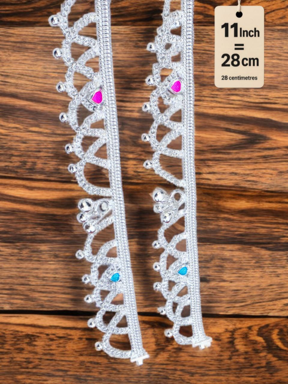 German Silver Anklet/Payal with Bells &colored stone Heart Design Silver plated 2-Piece Set- 11 Inch