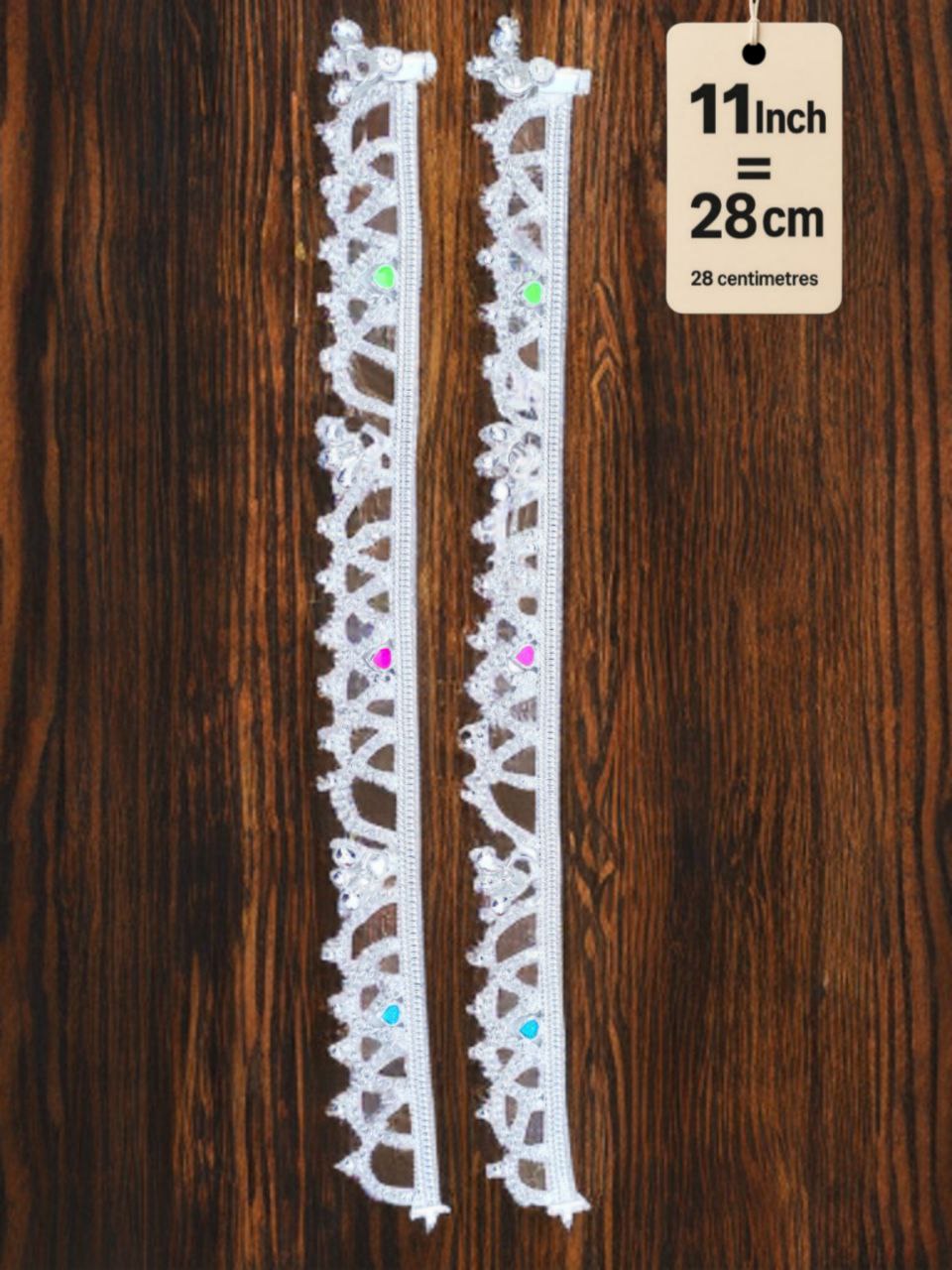 German Silver Anklet/Payal with Bells &colored stone Heart Design Silver plated 2-Piece Set- 11 Inch