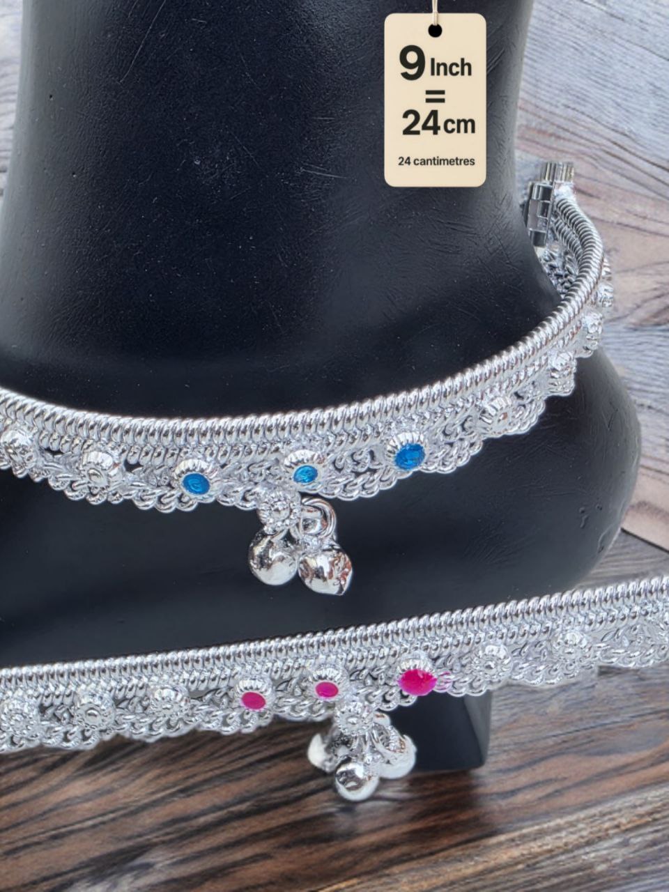 German  Studded Silver Anklets with Ghungroo. rose stone accents dangling bells Silver plated  2-Piece Set-9 Inc