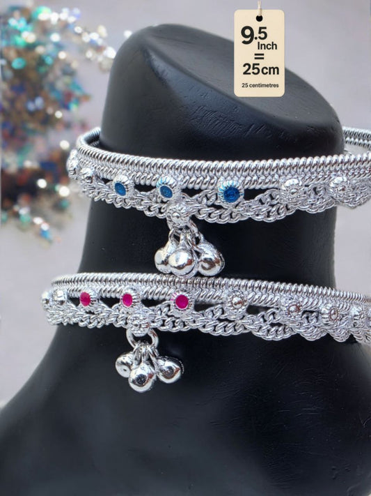 German  Studded Silver Anklets with Ghungroo. rose stone accents dangling bells Silver plated  2-Piece Set-9.5 Inc