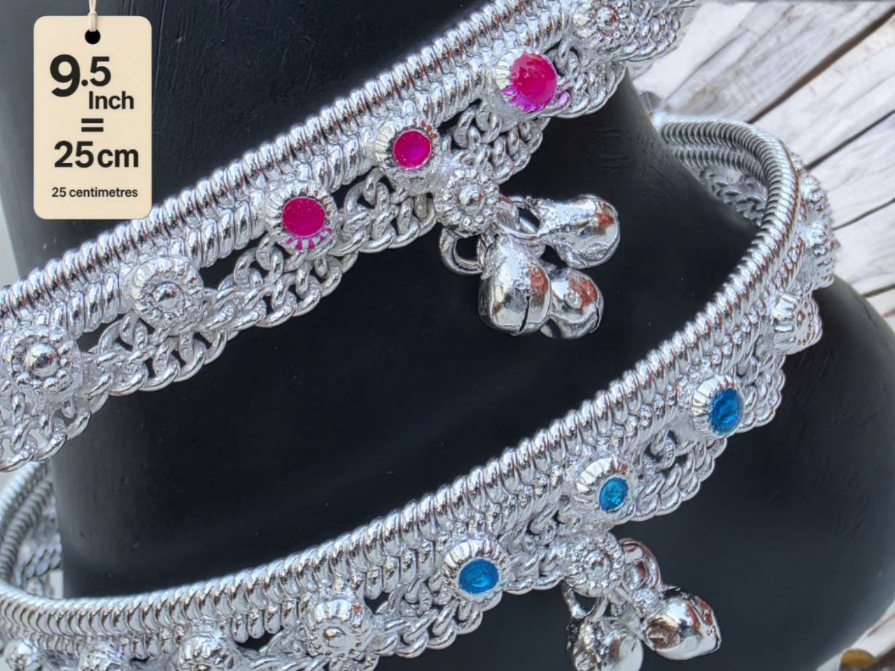 German  Studded Silver Anklets with Ghungroo. rose stone accents dangling bells Silver plated  2-Piece Set-9.5 Inc
