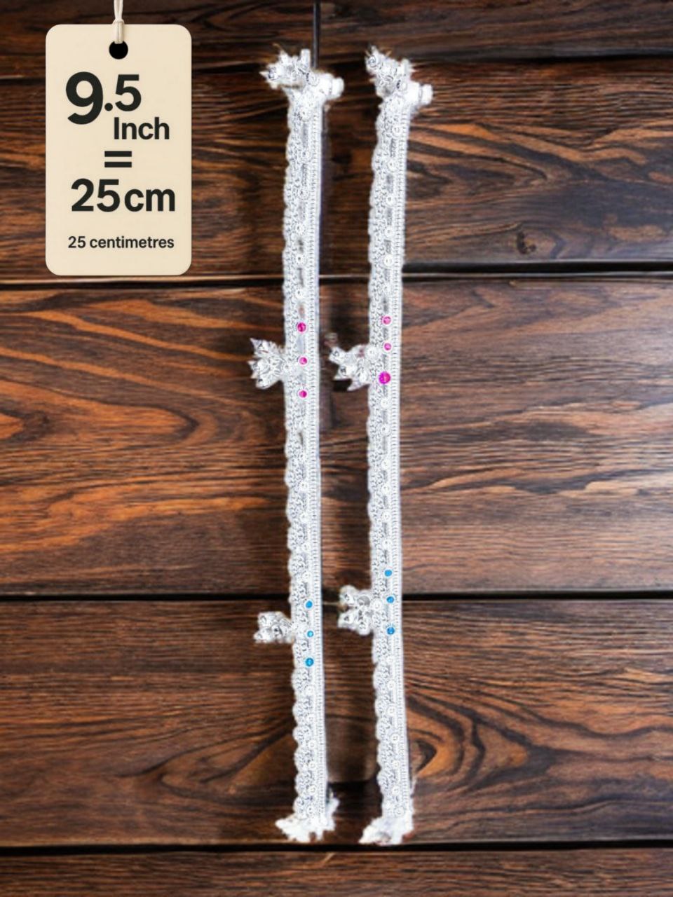 German  Studded Silver Anklets with Ghungroo. rose stone accents dangling bells Silver plated  2-Piece Set-9.5 Inc