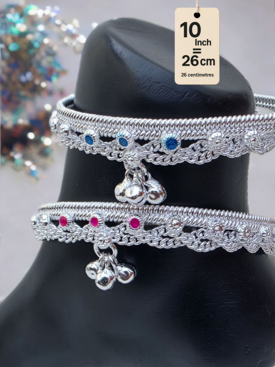 German  Studded Silver Anklets with Ghungroo. rose stone accents dangling bells Silver plated  2-Piece Set-10 Inc