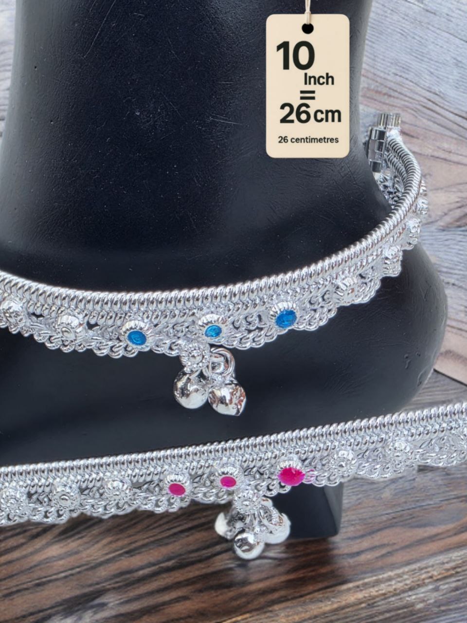 German  Studded Silver Anklets with Ghungroo. rose stone accents dangling bells Silver plated  2-Piece Set-10 Inc