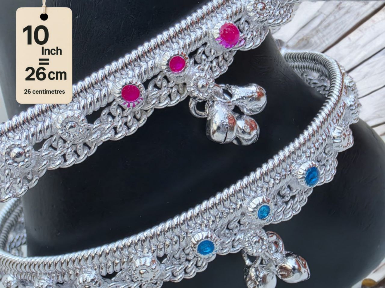 German  Studded Silver Anklets with Ghungroo. rose stone accents dangling bells Silver plated  2-Piece Set-10 Inc