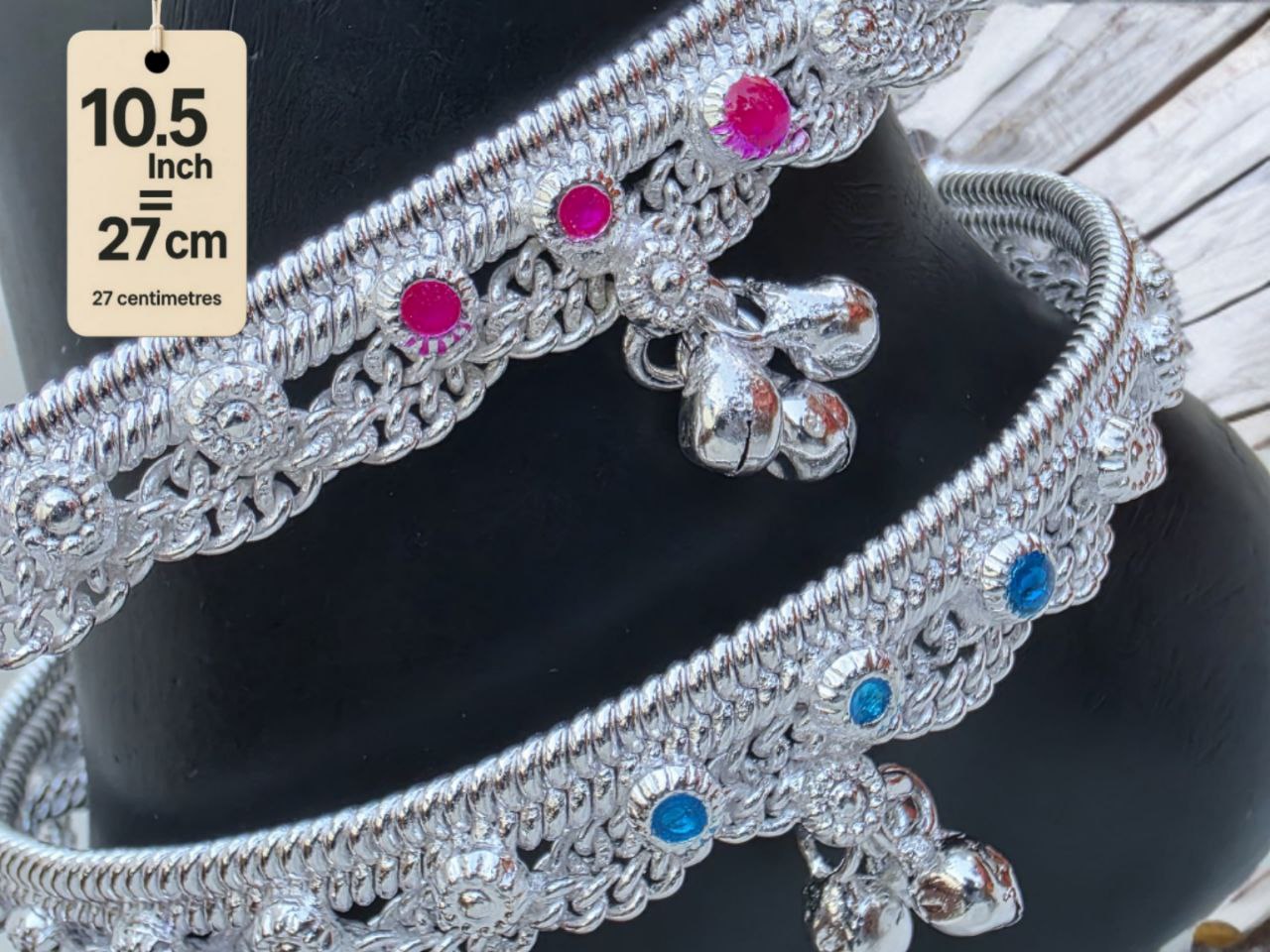 German  Studded Silver Anklets with Ghungroo. rose stone accents dangling bells Silver plated  2-Piece Set-10.5 Inc