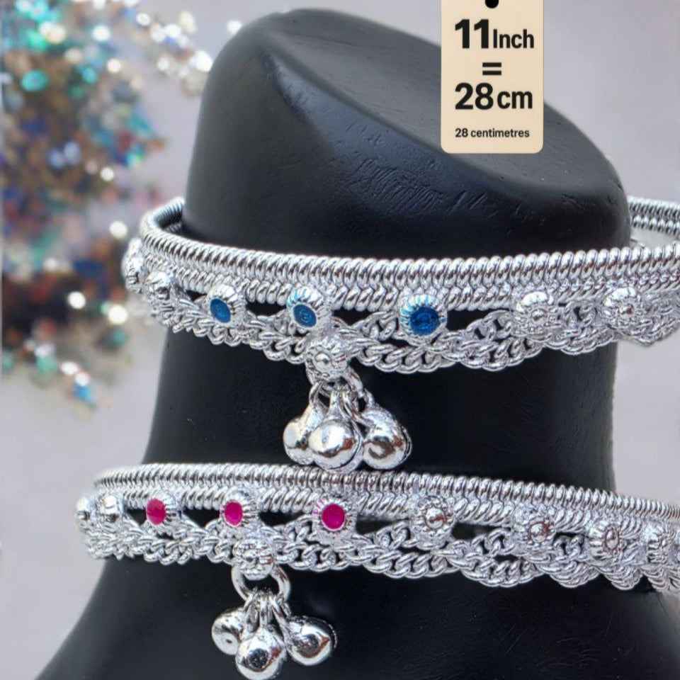 German  Studded Silver Anklets with Ghungroo. rose stone accents dangling bells Silver plated  2-Piece Set-11Inc