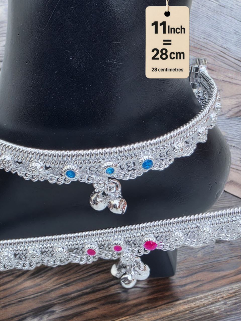 German  Studded Silver Anklets with Ghungroo. rose stone accents dangling bells Silver plated  2-Piece Set-11Inc
