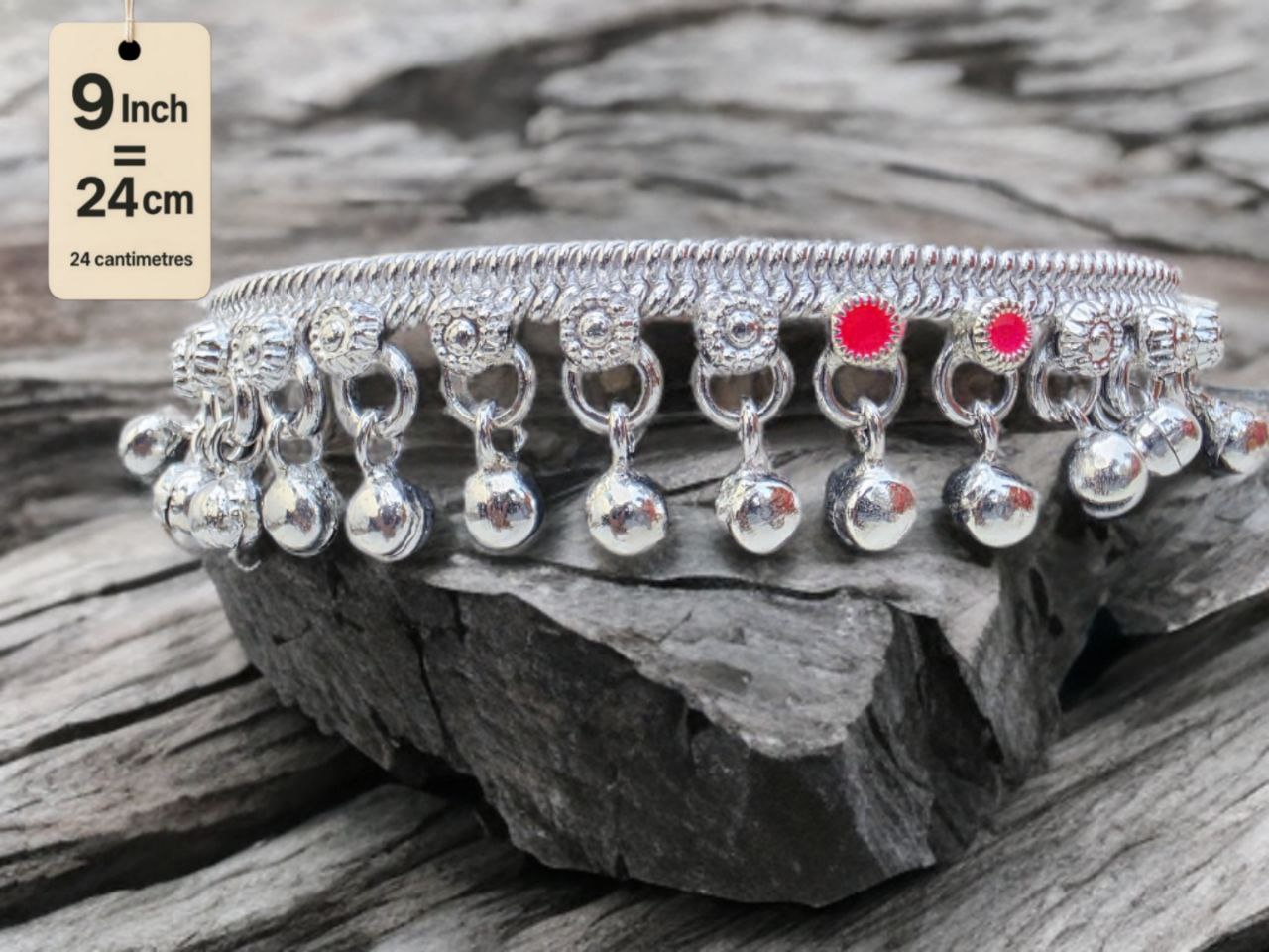 traditional German silver anklet with ghungroo dangling beads & colored stone accents (red & green)- Silver plated 2-Piece Set- Inc