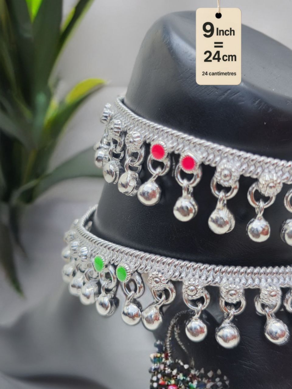 traditional German silver anklet with ghungroo dangling beads & colored stone accents (red & green)- Silver plated 2-Piece Set- Inc