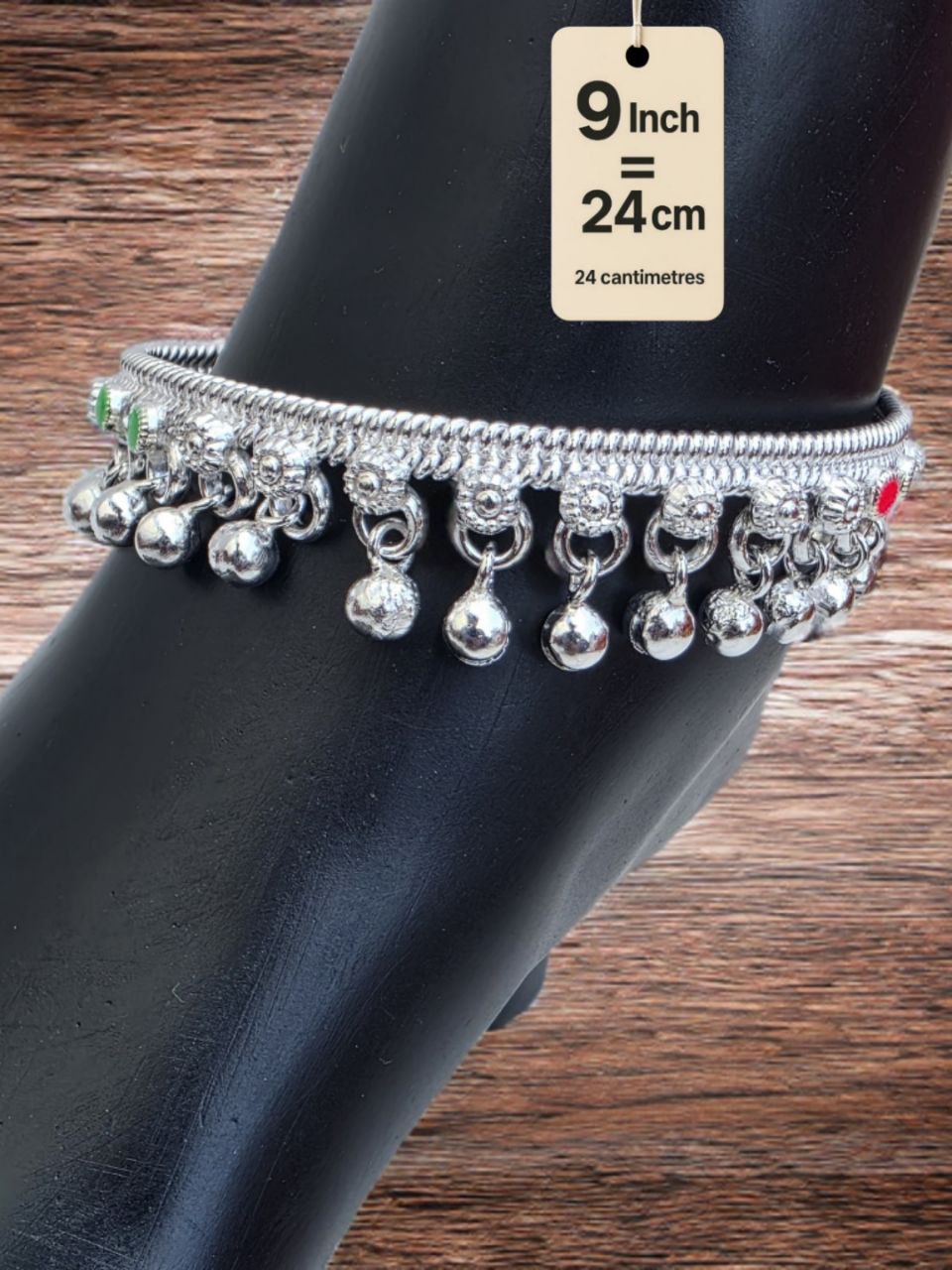 traditional German silver anklet with ghungroo dangling beads & colored stone accents (red & green)- Silver plated 2-Piece Set- Inc