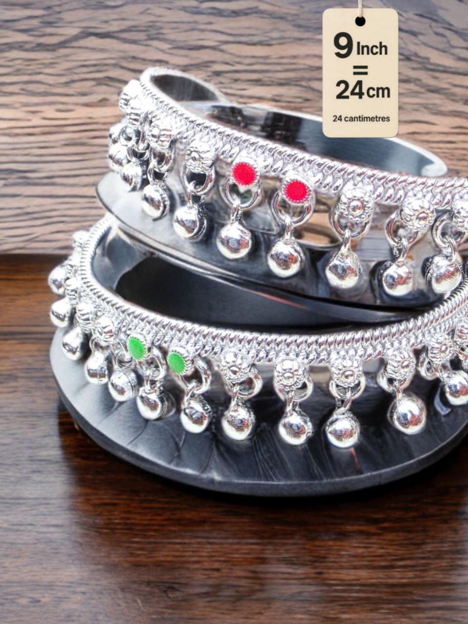 traditional German silver anklet with ghungroo dangling beads & colored stone accents (red & green)- Silver plated 2-Piece Set- Inc