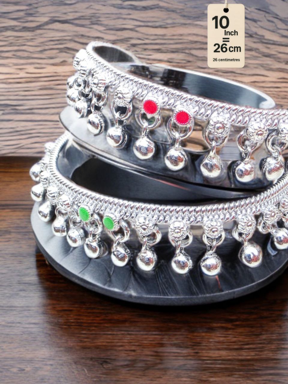 traditional German silver anklet with ghungroo dangling beads & colored stone accents (red & green)- Silver plated 2-Piece Set- 10 InCH