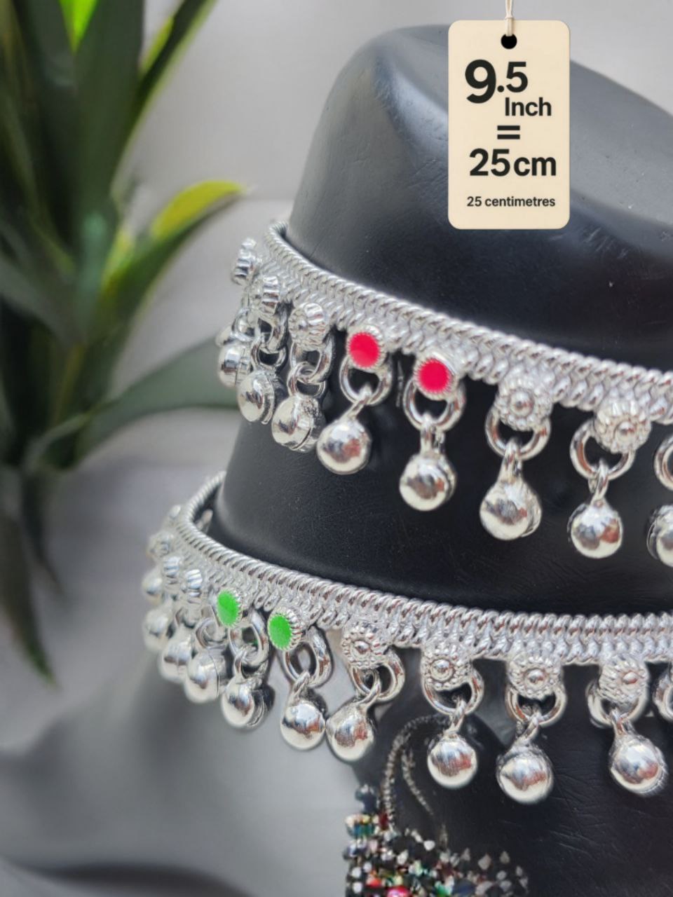 traditional German silver anklet with ghungroo dangling beads & colored stone accents (red & green)- Silver plated 2-Piece Set- 9.5InCH