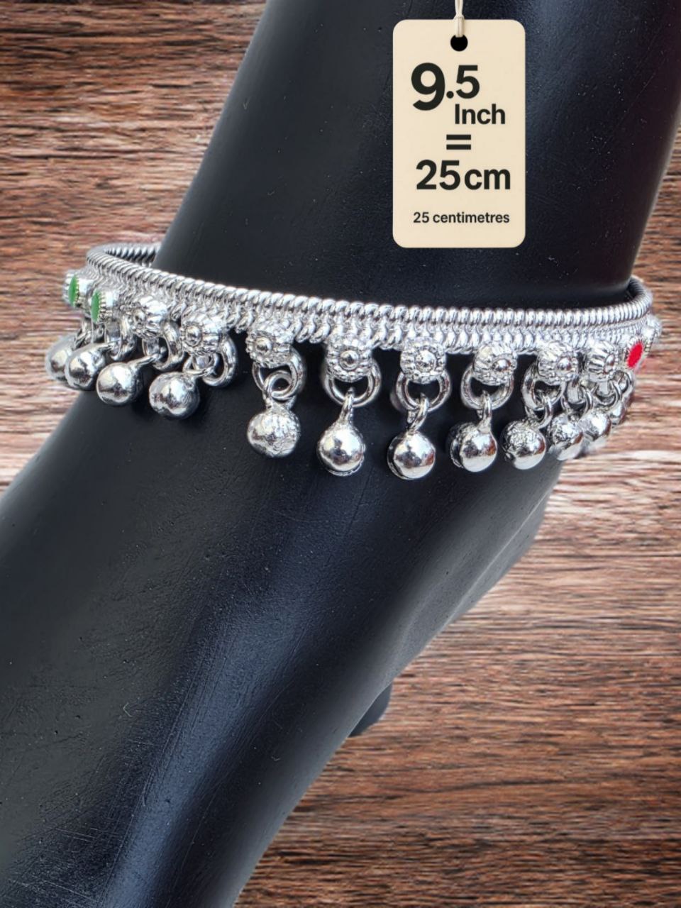 traditional German silver anklet with ghungroo dangling beads & colored stone accents (red & green)- Silver plated 2-Piece Set- 9.5InCH