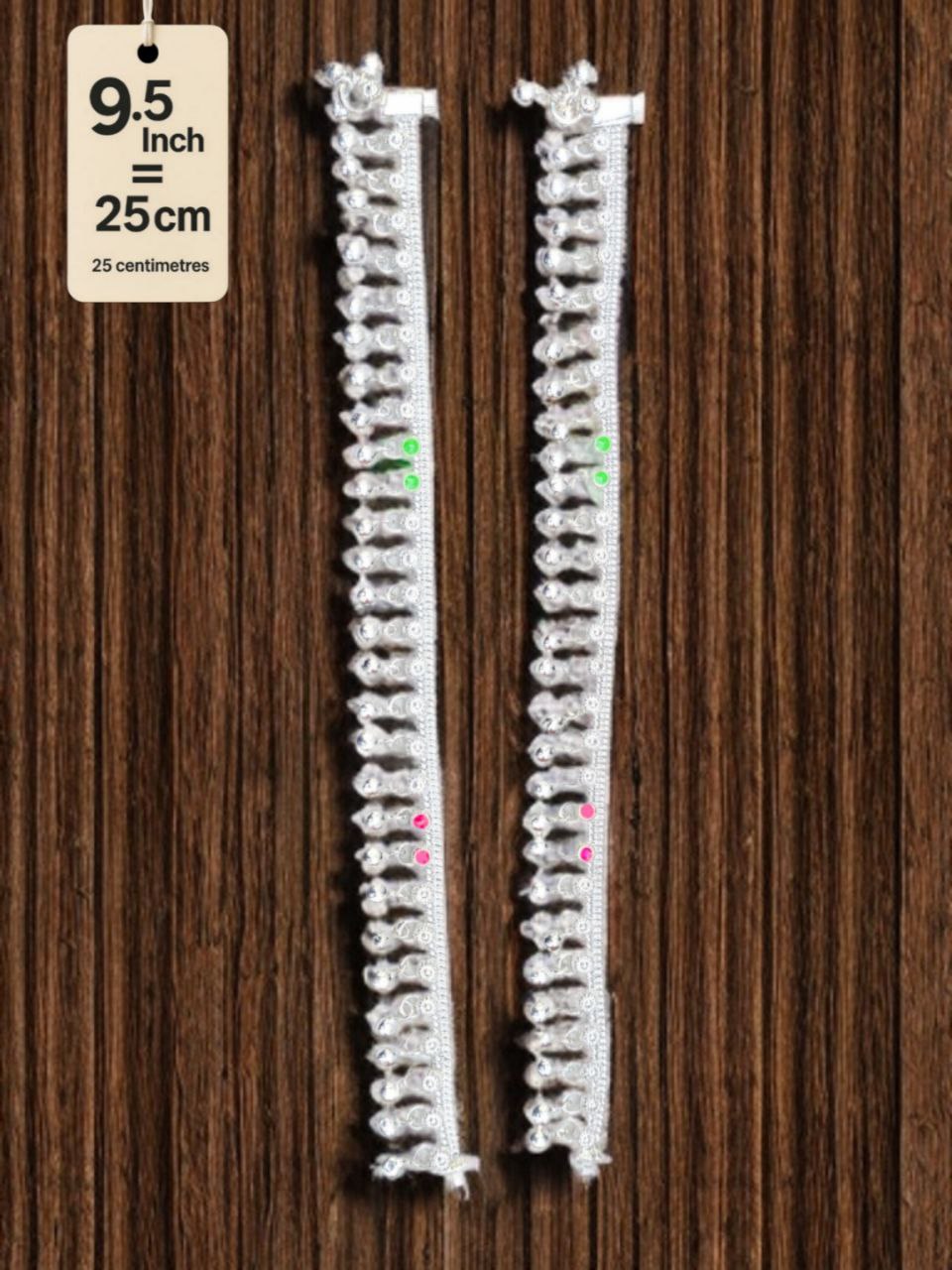 traditional German silver anklet with ghungroo dangling beads & colored stone accents (red & green)- Silver plated 2-Piece Set- 9.5InCH