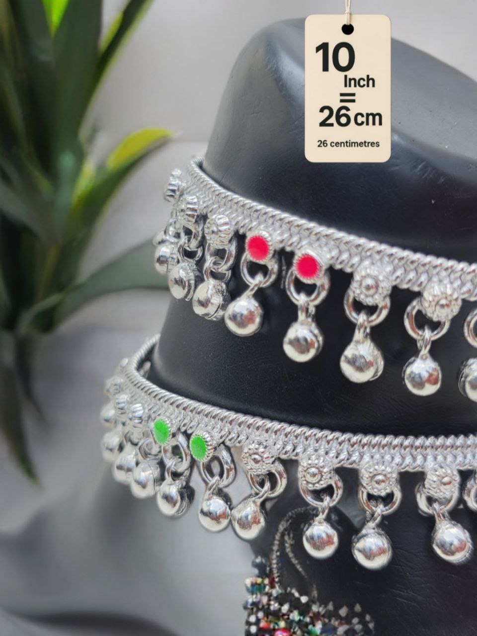 traditional German silver anklet with ghungroo dangling beads & colored stone accents (red & green)- Silver plated 2-Piece Set- 10 InCH